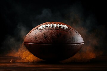 Dramatic close up of an American football ball surrounded by smoke