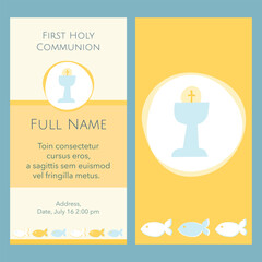 Card template first communion with yellow and blue chalice and host