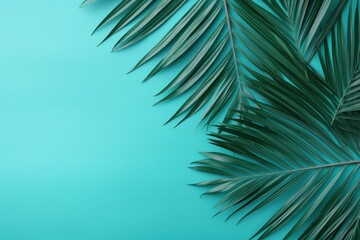  a close up of a palm leaf on a blue background with a place for an inscription in the center of the image.