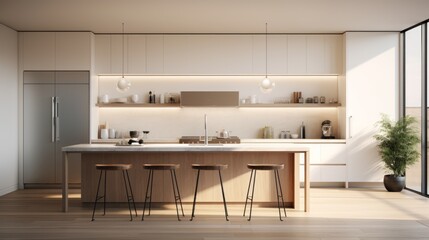 A photorealistic portrayal of a minimalist kitchen with clean lines, white cabinetry, and subtle lighting fixtures. Generative AI