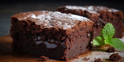 Chocolate cake with icing sugar and mint on a wooden background. Chocolate brownie