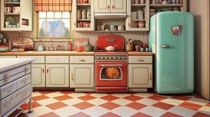 A photorealistic illustration of a retro-style kitchen with vintage appliances, tiled backsplash,...