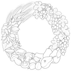 Autumn wreath decorative border with sunflowers, pears and mushrooms.Black and white. Art therapy Coloring page. Vector illustration