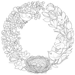 Spring wreath with flowers and nesting birds. Hand drawn floral frame. Blooming apple tree and magnolia. Black and white for Coloring page, labels, wedding invitation. Vector illustration
