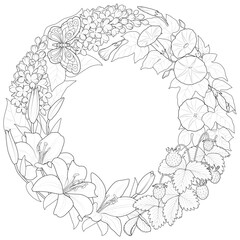 Summer wreath with beautiful flowers and strawberries. Hand drawn artwork. Love concept for wedding invitations, cards, tickets, congratulations. Black and white. Vector illustration