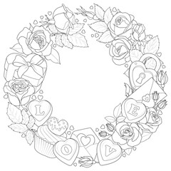 Romantic love wreath. Valentines day wreath of roses, valentines and chocolate. Black and white. Art therapy Coloring page. The 14th of February. Vector illustration