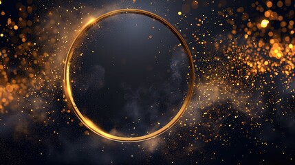 Circular gold frame with a sharp-focus, hyper-realistic image. Vibrant, glowing, and shiny, it depicts a celestial, mystical cosmic background with abstract elements - obrazy, fototapety, plakaty