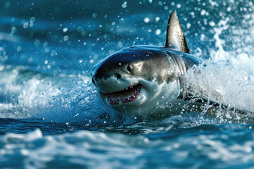 A great white shark as it breaches the ocean surface while hunting