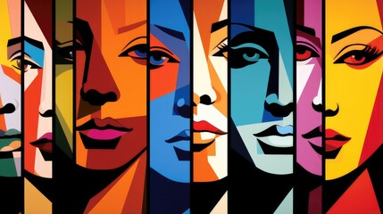 vibrant parade of abstract human profiles in a modern artistic expression suitable for gallery displays, corporate art collections, and creative backgrounds