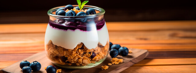 Blueberry yogurt and granola in a glass. Selective focus.