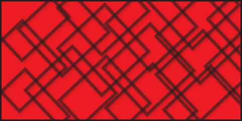 Colorful geometric minimal square line background. Abstract illustration of black intersecting squares with shadows on red background. realistic line wave geometric shape background.