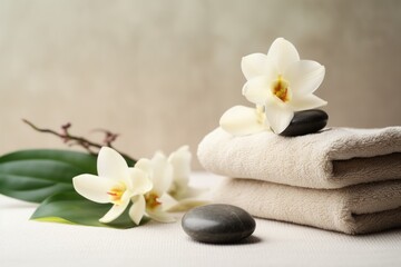  a couple of towels sitting on top of each other next to a couple of flowers and a couple of rocks.