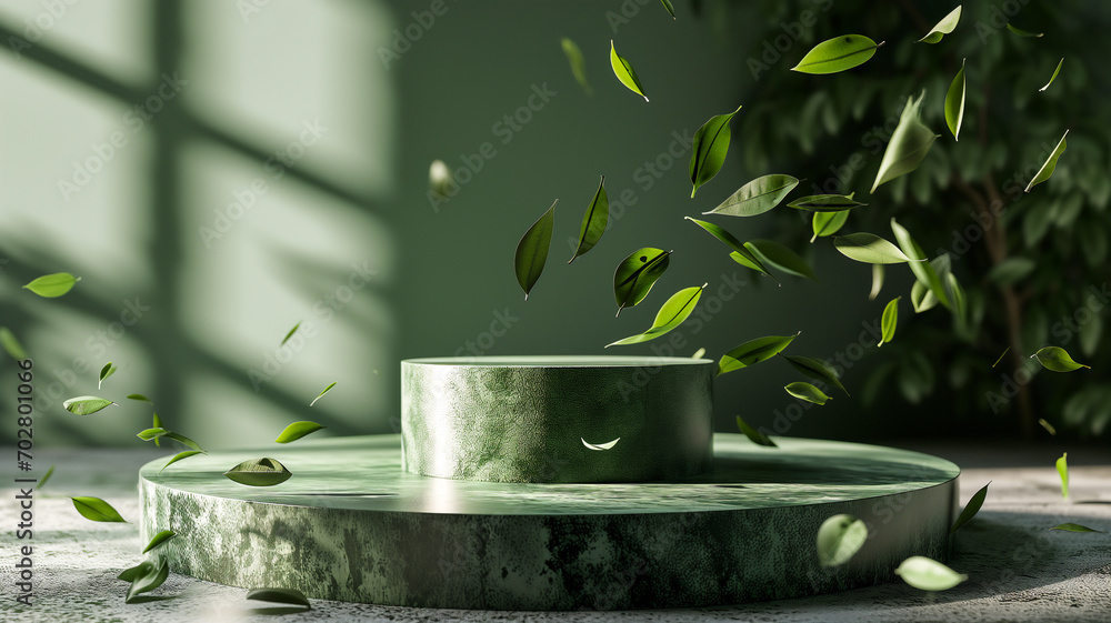 Poster 3d illustration of empty cylinder podium backdrop in green color theme with falling leaves. abstract