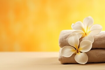  a close up of two towels with flowers on top of one of the towels is folded in front of a yellow background.