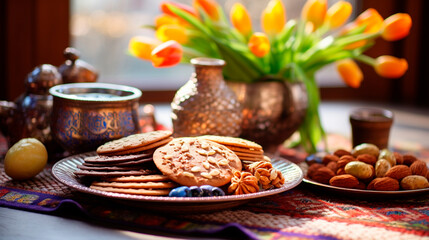 Nowruz treats on the table. Selective focus.