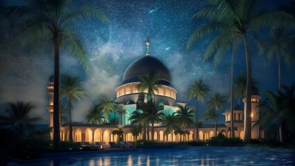 Fantasy mosque at beautiful night, seamless Animation video background in 4K Resolution