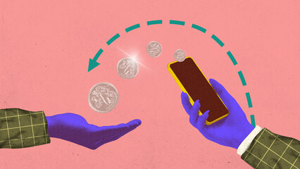 Contemporary art collage. withdrawal of funds. Money is transferred from phone into hands. Grainy...