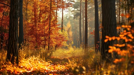 Beautiful autumn forest with red foliage