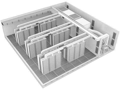 Contour visualization of data center floor, server room with rows of server racks. 3d illustration isolated on white