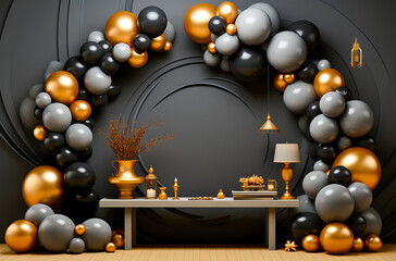 Fototapeta na wymiar Black and gold balloons on black background with copy space.