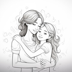 Beautiful happy mother hugs her small daughter as colouring page for children and adults. Art therapy. Antistress. Family education. 