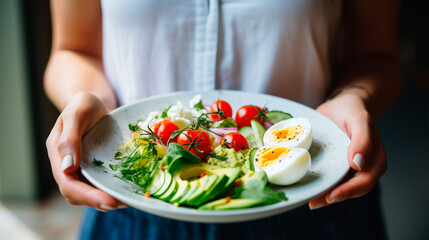vegetable salad with eggs in the hands of a woman. Selective focus. - obrazy, fototapety, plakaty