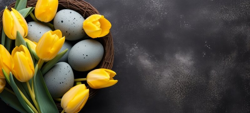 Easter holiday celebration banner greeting card banner with painted eggs in bird nest basket and yellow tulip flowers on black backround concrete tabel texture. Top view, flat lay..