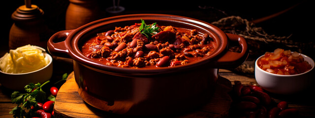 chili beans with meat on a plate. Selective focus. - obrazy, fototapety, plakaty