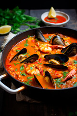 bouillabaisse with mussels in a plate. Selective focus.