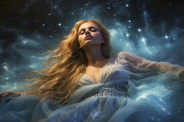 Ethereal Woman in a Flowing Dress Floating in a Starry Night Sky, Dreamlike Fantasy Portrait with Celestial Theme