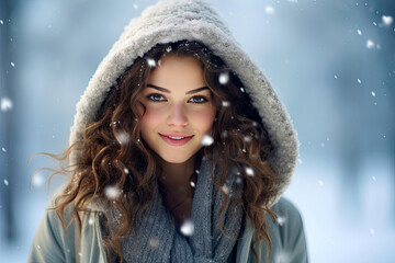 Portrait of a beautiful cheerful young woman with a perfectly happy face in winter clothes on a snowy winter day.