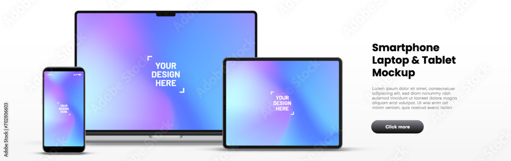 Poster Modern laptop mockup front view and high quality smartphone and tablet mockup isolated on white background. Notebook mockup and phone device mockup for ui ux app and website presentation.Stock Vector.