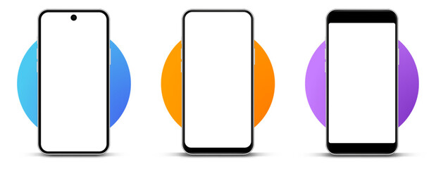 3d high quality vector smartphone mockups. Ultra realistic mobile device UI UX mockup for presentation template. Cellphone frame with blank screen isolated templates. 3d isometric illustration.