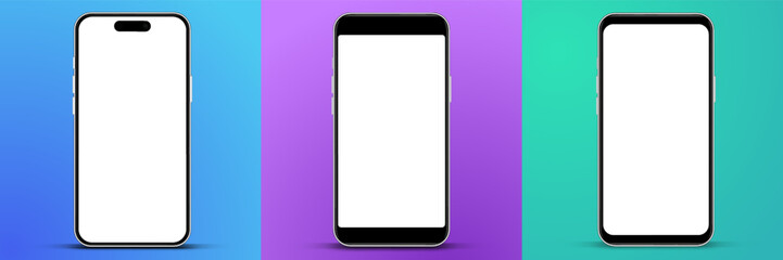 3d high quality vector smartphone mockups. Ultra realistic mobile device UI UX mockup for presentation template. Cellphone frame with blank screen isolated templates. 3d isometric illustration.