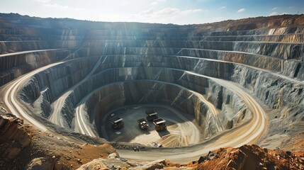 An open pit with working machines and trucks