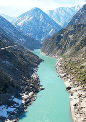 Karakoram Highway in Pakistan with Indus River and Mountains Drone