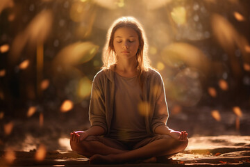 Serene Meditation in Forest, Woman in Lotus Position with Sunlight Filtering Through Trees