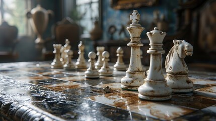 Fancy chess pieces on a marble chessboard. Street chess.
