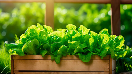 lettuce in a box in the garden. Selective focus. - obrazy, fototapety, plakaty