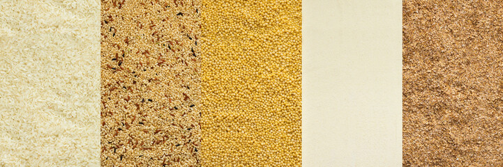 Various grain cereals banner, top view, white and brown rice, couscous and pearl barley, wheat grits
