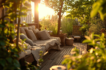 Cozy wooden terrace with rustic wooden furniture, soft pillows and blankets. Charming sunny evening in spring garden with blossoming trees. - obrazy, fototapety, plakaty