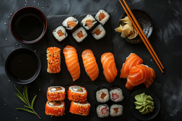 Elegant Japanese Sushi Set: Salmon Nigiri and Maki Rolls