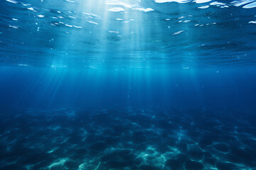 Crystal-clear seawater with sandy seabed and radiant sunlight piercing through, capturing the vibrant marine life below in a serene underwater setting