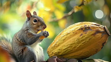 Chocolate Cake Day Concept. happy squirel hold a big yellow cocoa fruit. Generative AI - obrazy, fototapety, plakaty