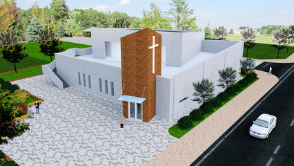 street in the village of island, Bird's eye view of architectural illustration of a modern church building with exposed concrete finish planned in the countryside