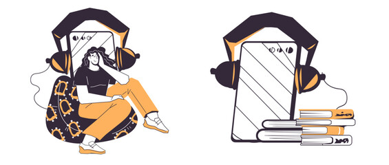 Listening to audiobooks, online banner set, vector illustrations isolated on white. Audiobook app, literature and audio storytelling.