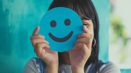 Compliment Day Concept. Asian woman holding blue happy smile face on paper cut. Generative AI - obrazy, fototapety, plakaty