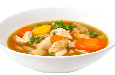 Chicken soup with vegetables isolated on white background