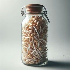 jar of sprouts and leaves inside.
