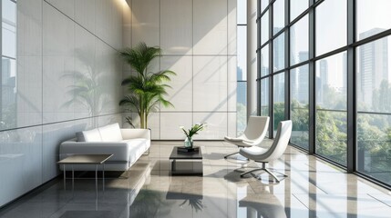 Business office room interior with relax area and window.